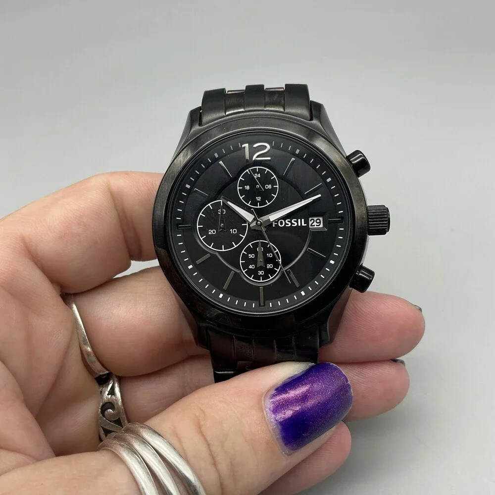 Fossil BQ1483 Mens Watch 42mm Black Stainless Chronograph Date New Battery 7